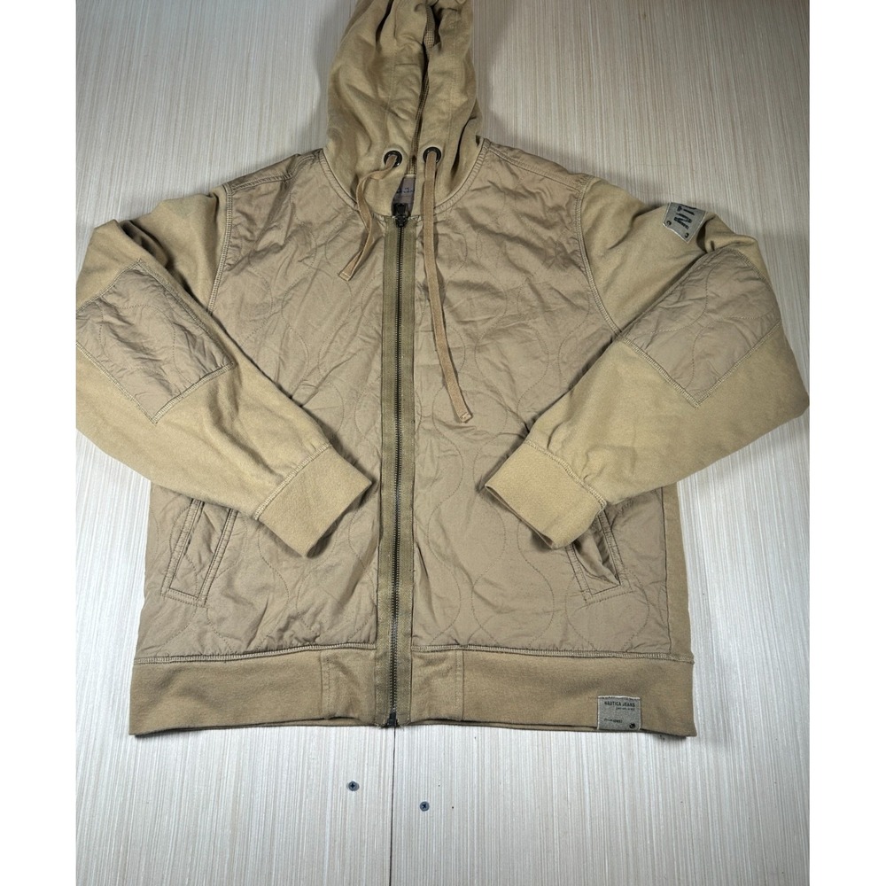 Nautica Jeans Co. Onion Jacket Mens Khaki Pockets Long Sleeve Full Zip Hooded‎